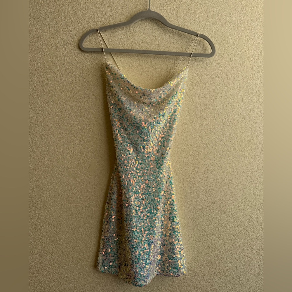 B. Darlin Iridescent Sequin Cowl Neck Mini Dress - Size 1/2